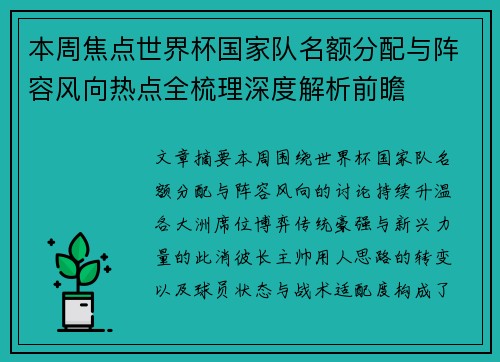 本周焦点世界杯国家队名额分配与阵容风向热点全梳理深度解析前瞻