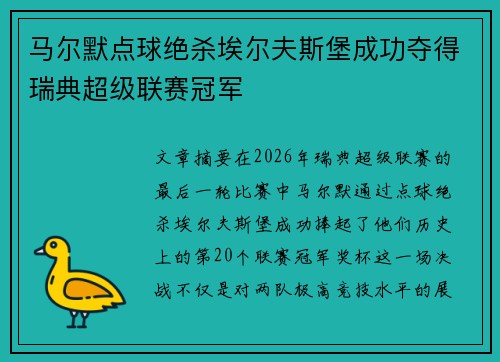 马尔默点球绝杀埃尔夫斯堡成功夺得瑞典超级联赛冠军