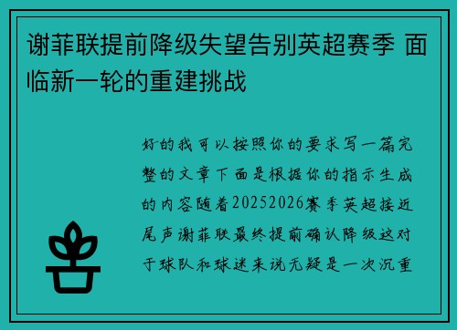 谢菲联提前降级失望告别英超赛季 面临新一轮的重建挑战